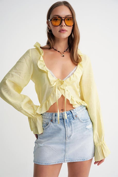 Rüschen V-Ausschnitt Langarm Cropped Bluse - Image 4