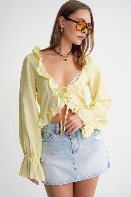 Rüschen V-Ausschnitt Langarm Cropped Bluse - Image 5