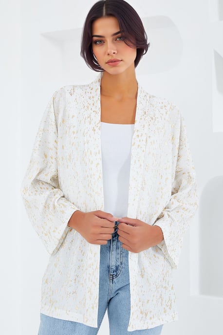Bedruckter Pompom-Besatz Schal-Kragen Kimono - Image 2