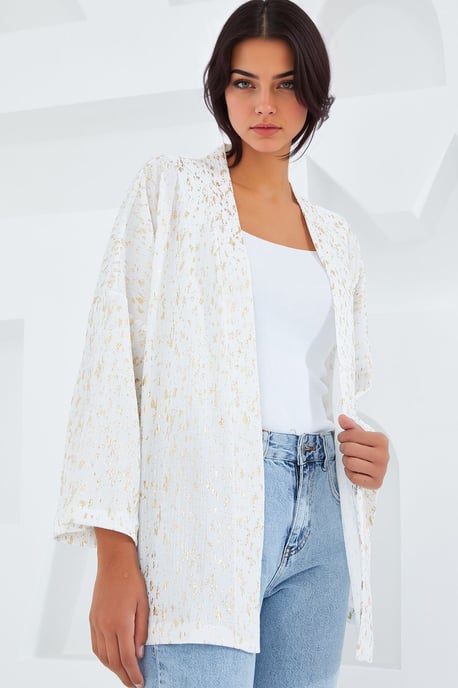 Bedruckter Pompom-Besatz Schal-Kragen Kimono - Image 3