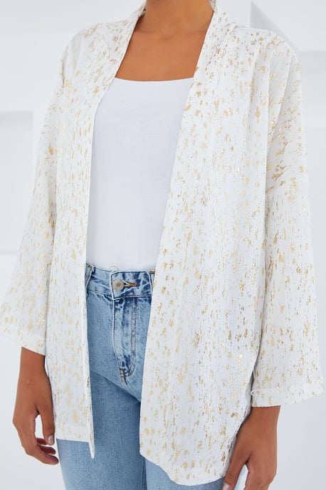 Bedruckter Pompom-Besatz Schal-Kragen Kimono - Image 4