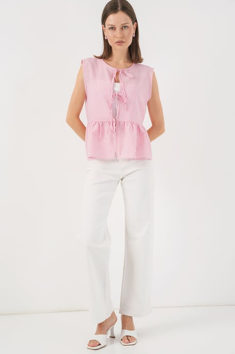 Gestreifte Texturbluse mit Schleife - Image 2
