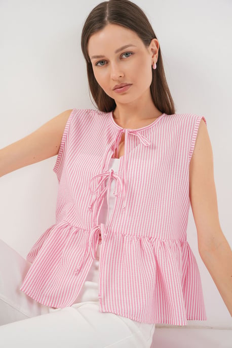 Gestreifte Texturbluse mit Schleife - Image 3