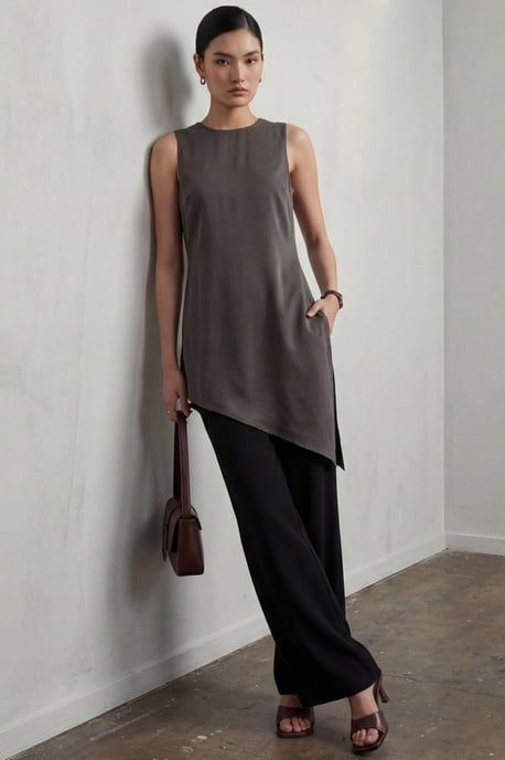 Satin Crew-Neck Ärmellose Lange Bluse mit Schlitz - Image 1