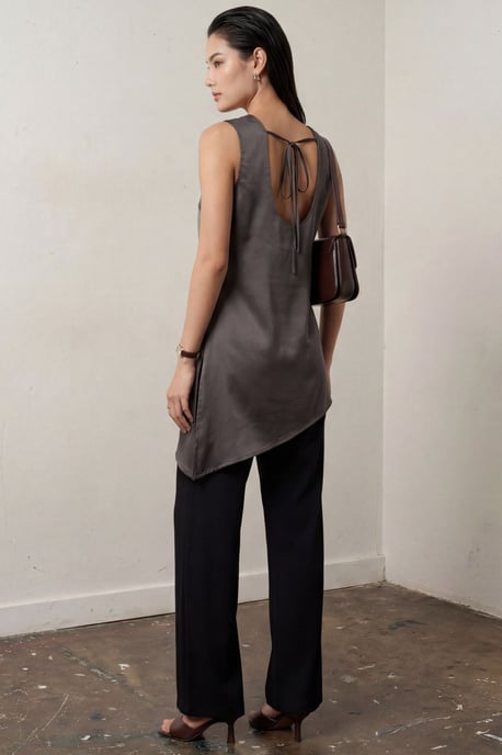 Satin Crew-Neck Ärmellose Lange Bluse mit Schlitz - Image 3