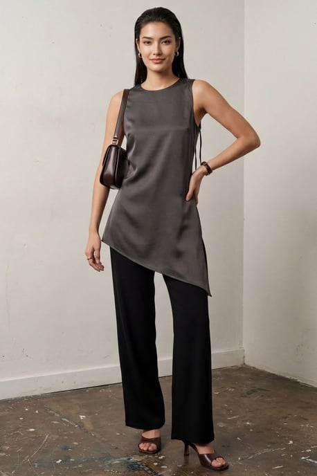 Satin Crew-Neck Ärmellose Lange Bluse mit Schlitz - Image 4