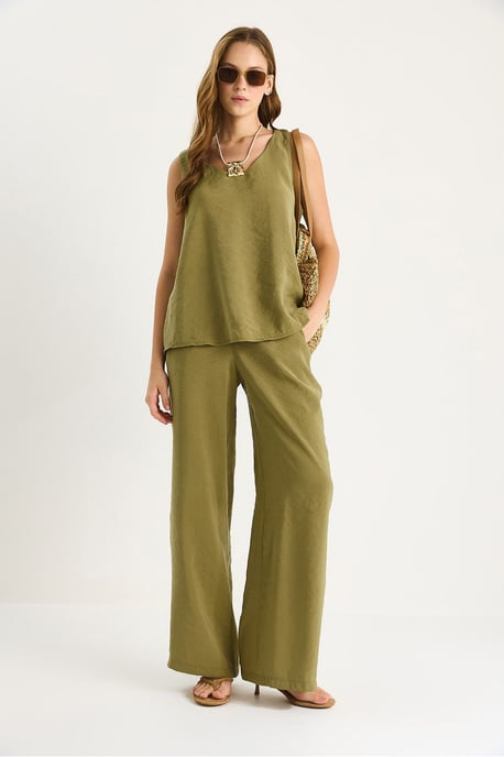 V-Ausschnitt Baumwollbluse-Hosen Zweiteiliges Set - Image 2
