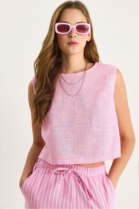 Leinenmischung Kurzarm Crew Neck Bluse - Image 1