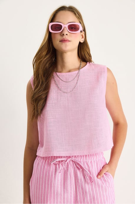 Leinenmischung Kurzarm Crew Neck Bluse - Image 2