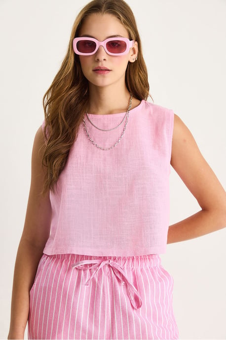 Leinenmischung Kurzarm Crew Neck Bluse - Image 3