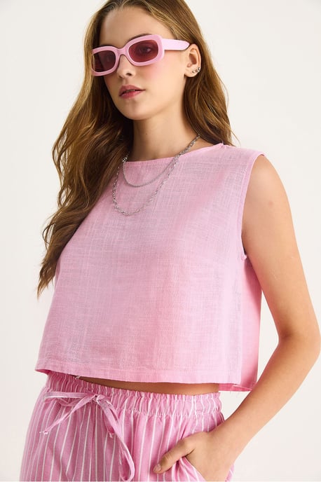 Leinenmischung Kurzarm Crew Neck Bluse - Image 4