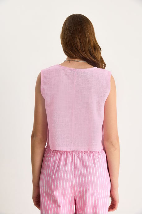 Leinenmischung Kurzarm Crew Neck Bluse - Image 6