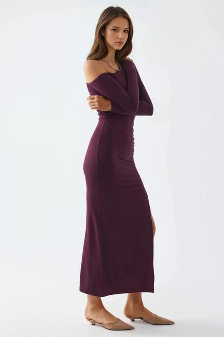 Asymmetrisches Kragen-Maxikleid mit Schlitz - Image 4
