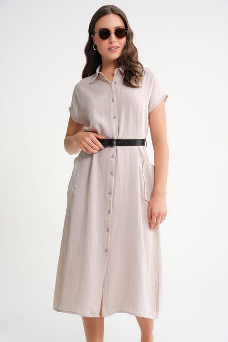 Midi-Kleid mit Gürteldetail und Knopfkragen - Image 3