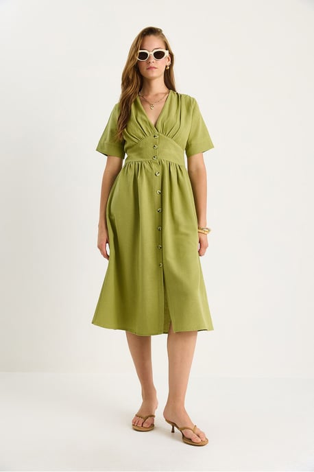 V-Ausschnitt Knopf-Midi-Hemdkleid - Image 2