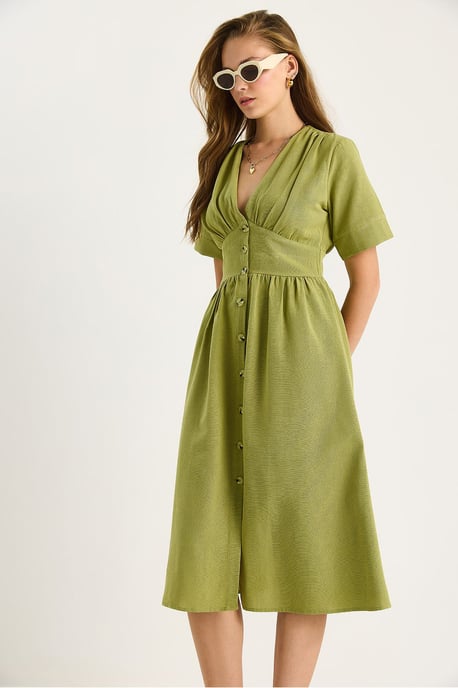 V-Ausschnitt Knopf-Midi-Hemdkleid - Image 3