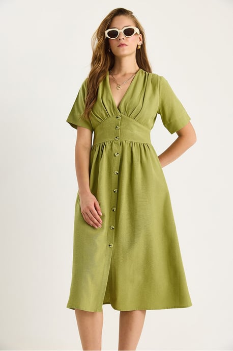 V-Ausschnitt Knopf-Midi-Hemdkleid - Image 4