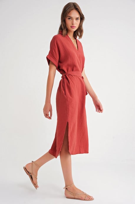 Gürteltuch Midi-Kleid mit kurzen Ärmeln - Image 2