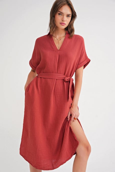 Gürteltuch Midi-Kleid mit kurzen Ärmeln - Image 4