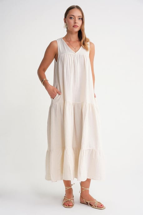 Ärmelloses V-Ausschnitt-Mull-Midikleid mit Taschen - Image 1