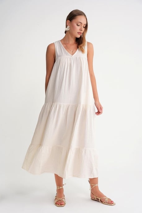 Ärmelloses V-Ausschnitt-Mull-Midikleid mit Taschen - Image 2