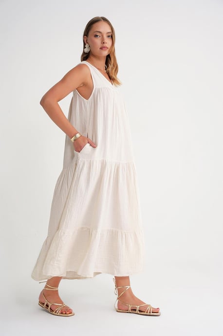 Ärmelloses V-Ausschnitt-Mull-Midikleid mit Taschen - Image 3