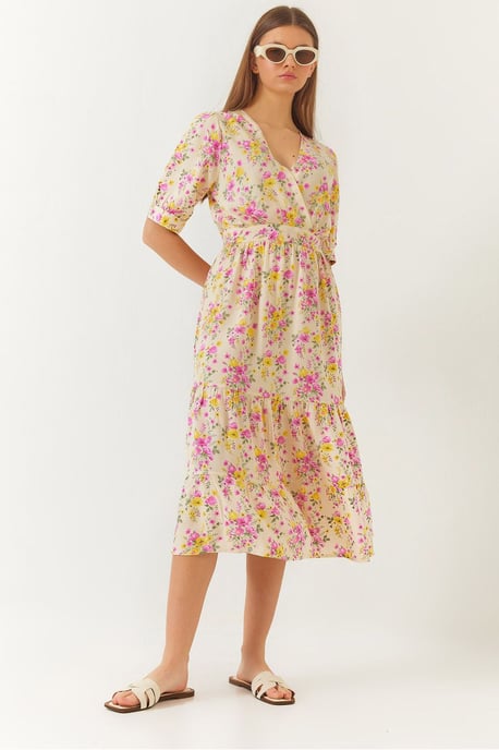 V-Ausschnitt A-Linien Midi-Kleid mit Schleife - Image 1