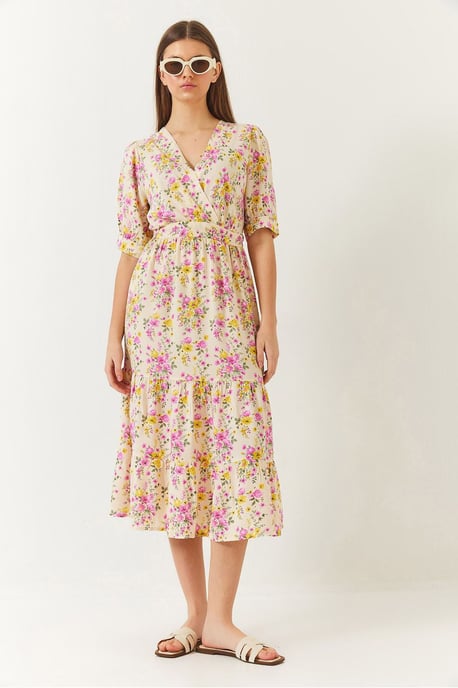 V-Ausschnitt A-Linien Midi-Kleid mit Schleife - Image 2