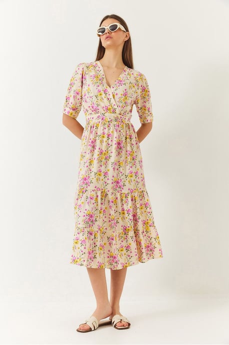 V-Ausschnitt A-Linien Midi-Kleid mit Schleife - Image 3
