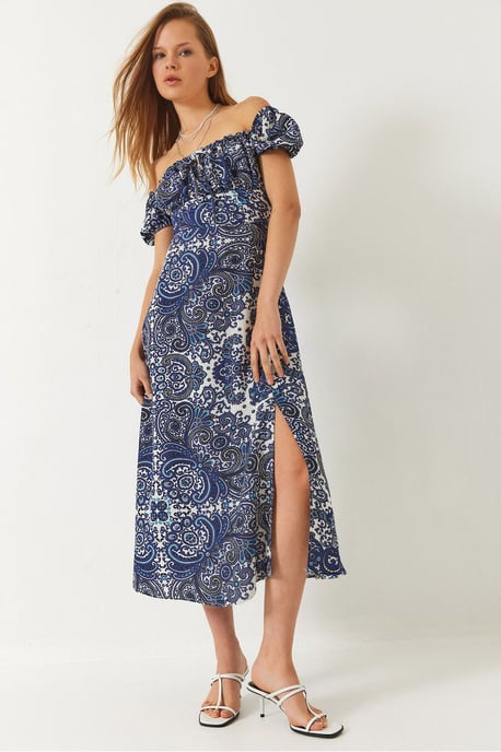 Mustered Strapless Midi Kleid mit Bindebändchen - Image 1