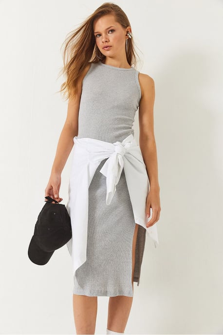 Gestreiftes Ripp-Midikleid mit Schlitz - Image 3