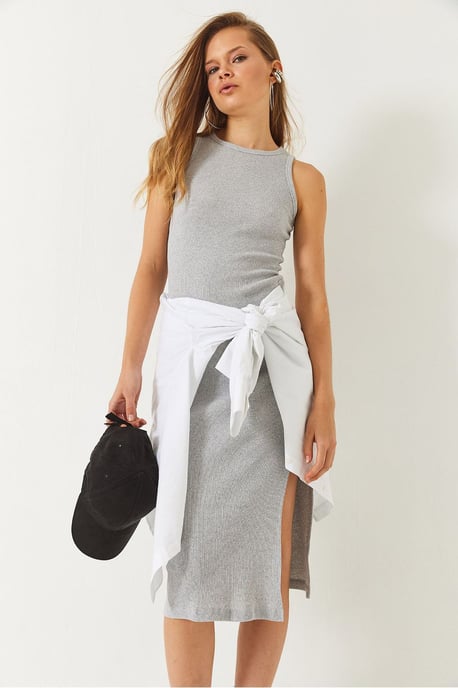 Gestreiftes Ripp-Midikleid mit Schlitz - Image 4