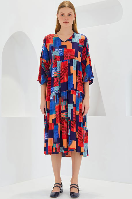 Gemustertes V-Ausschnitt-Midi-Kleid mit kurzen Ärmeln - Image 2