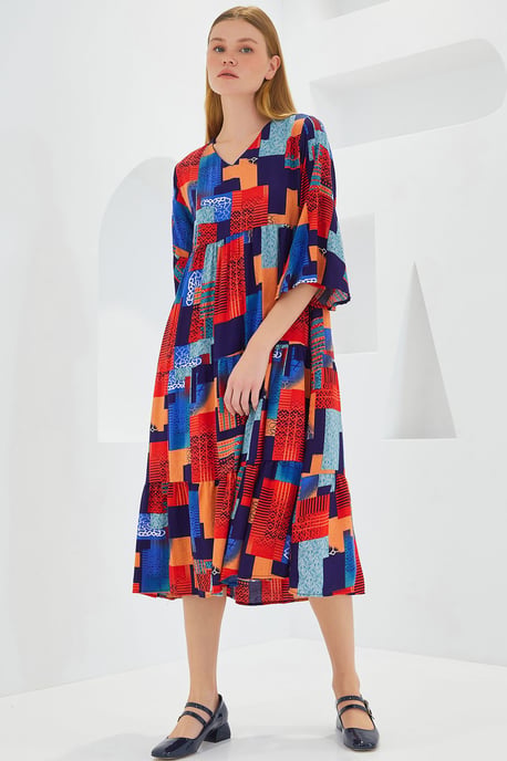 Gemustertes V-Ausschnitt-Midi-Kleid mit kurzen Ärmeln - Image 3