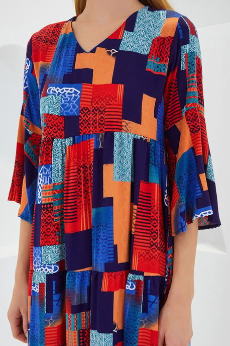 Gemustertes V-Ausschnitt-Midi-Kleid mit kurzen Ärmeln - Image 5