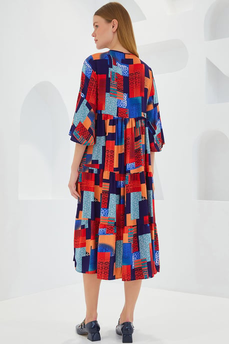 Gemustertes V-Ausschnitt-Midi-Kleid mit kurzen Ärmeln - Image 6