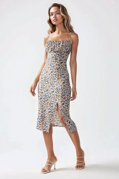 Allover Blumenmuster Bodycon Midi Kleid mit Schlitz - Image 1