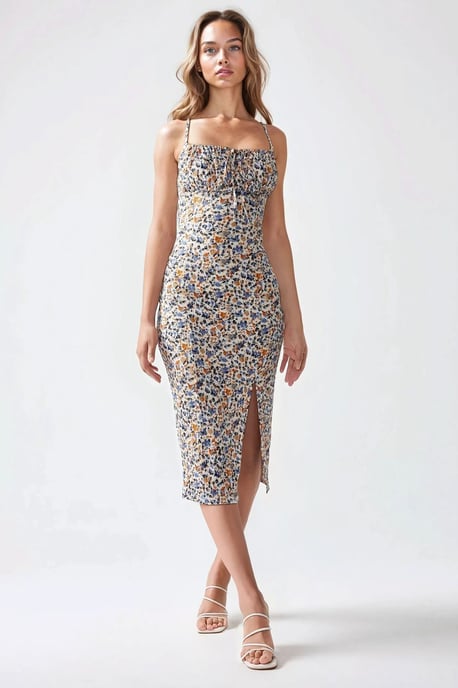 Allover Blumenmuster Bodycon Midi Kleid mit Schlitz - Image 2