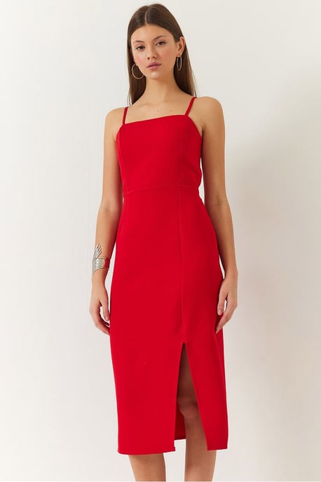 Midi-Kleid mit quadratischem Kragen und Schlitz - Image 1