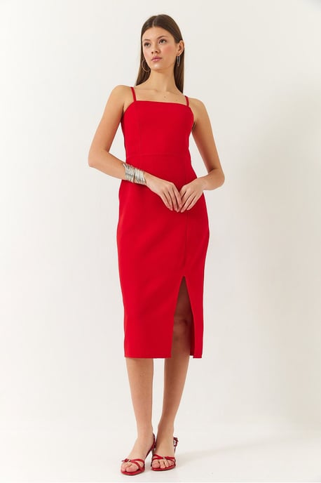 Midi-Kleid mit quadratischem Kragen und Schlitz - Image 2