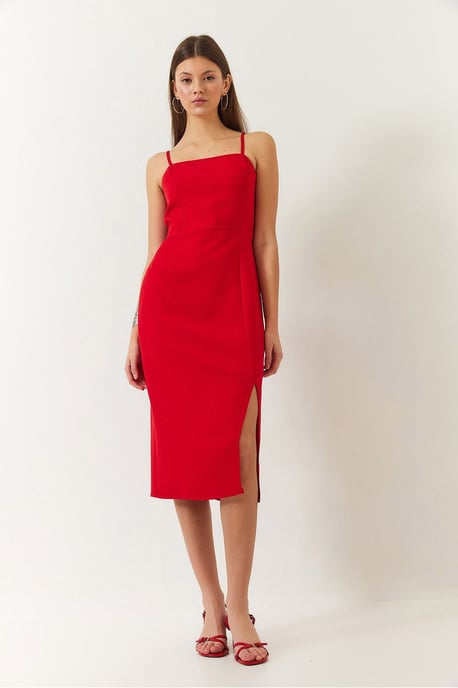Midi-Kleid mit quadratischem Kragen und Schlitz - Image 3