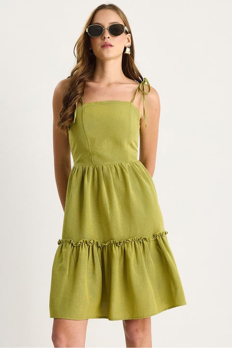 A-Linien Midi-Kleid mit quadratischem Ausschnitt und Bindungsdetail - Image 1