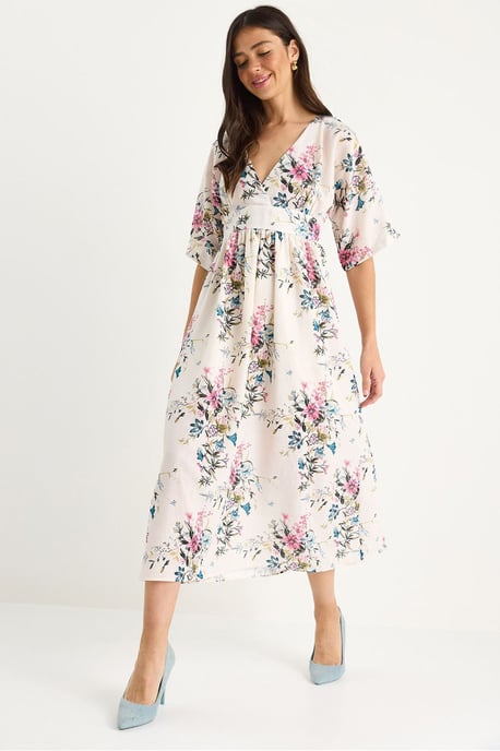 Blumenmuster V-Ausschnitt Midi-Kleid - Image 1