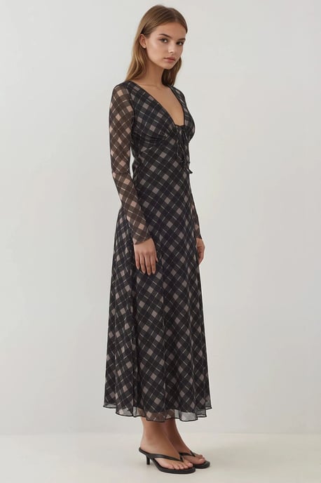 Tiefes V-Ausschnitt Elegantes Midi Karierte Figurbetontes Kleid - Image 2