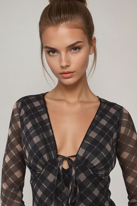 Tiefes V-Ausschnitt Elegantes Midi Karierte Figurbetontes Kleid - Image 3