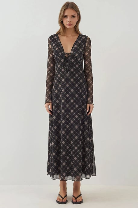 Tiefes V-Ausschnitt Elegantes Midi Karierte Figurbetontes Kleid - Image 4