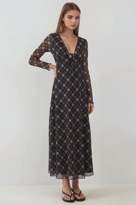 Tiefes V-Ausschnitt Elegantes Midi Karierte Figurbetontes Kleid - Image 6