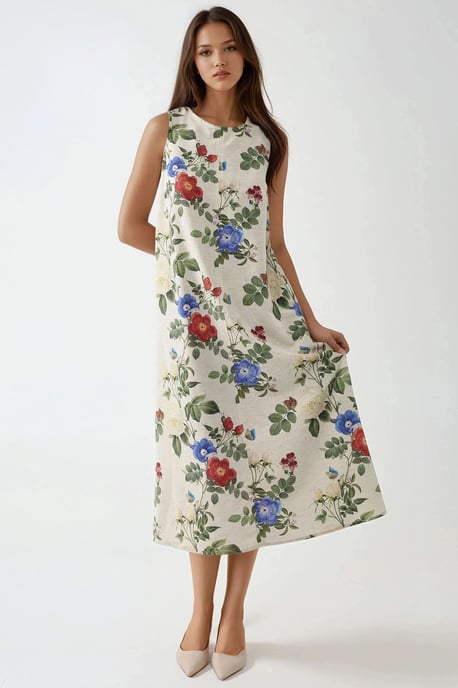 Leinen-Optik Ärmelloses Kleid mit Rundhalsausschnitt in Midi-Länge - Image 2