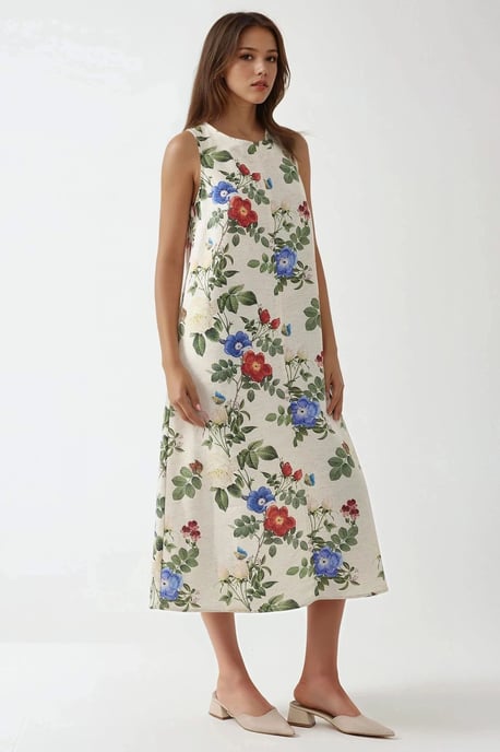Leinen-Optik Ärmelloses Kleid mit Rundhalsausschnitt in Midi-Länge - Image 3