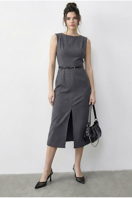 Belted Midi Bleistiftkleid mit Bootsausschnitt - Image 2